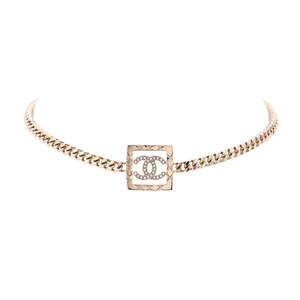 Chanel CC Coco Mark Square Chain Choker Necklace Metal with Crystal